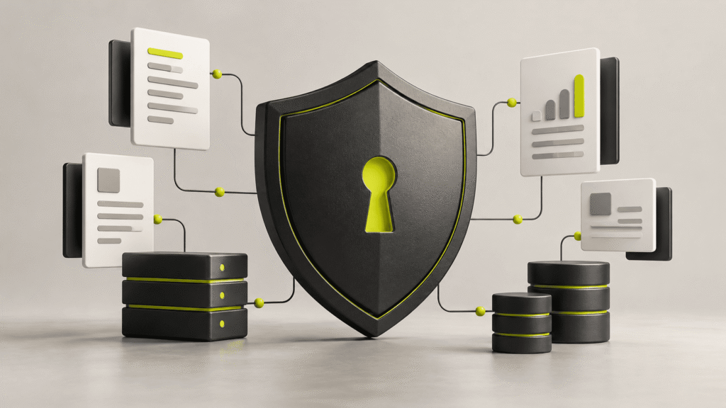 Illustrazione di uno scudo che protegge documenti e dati digitali